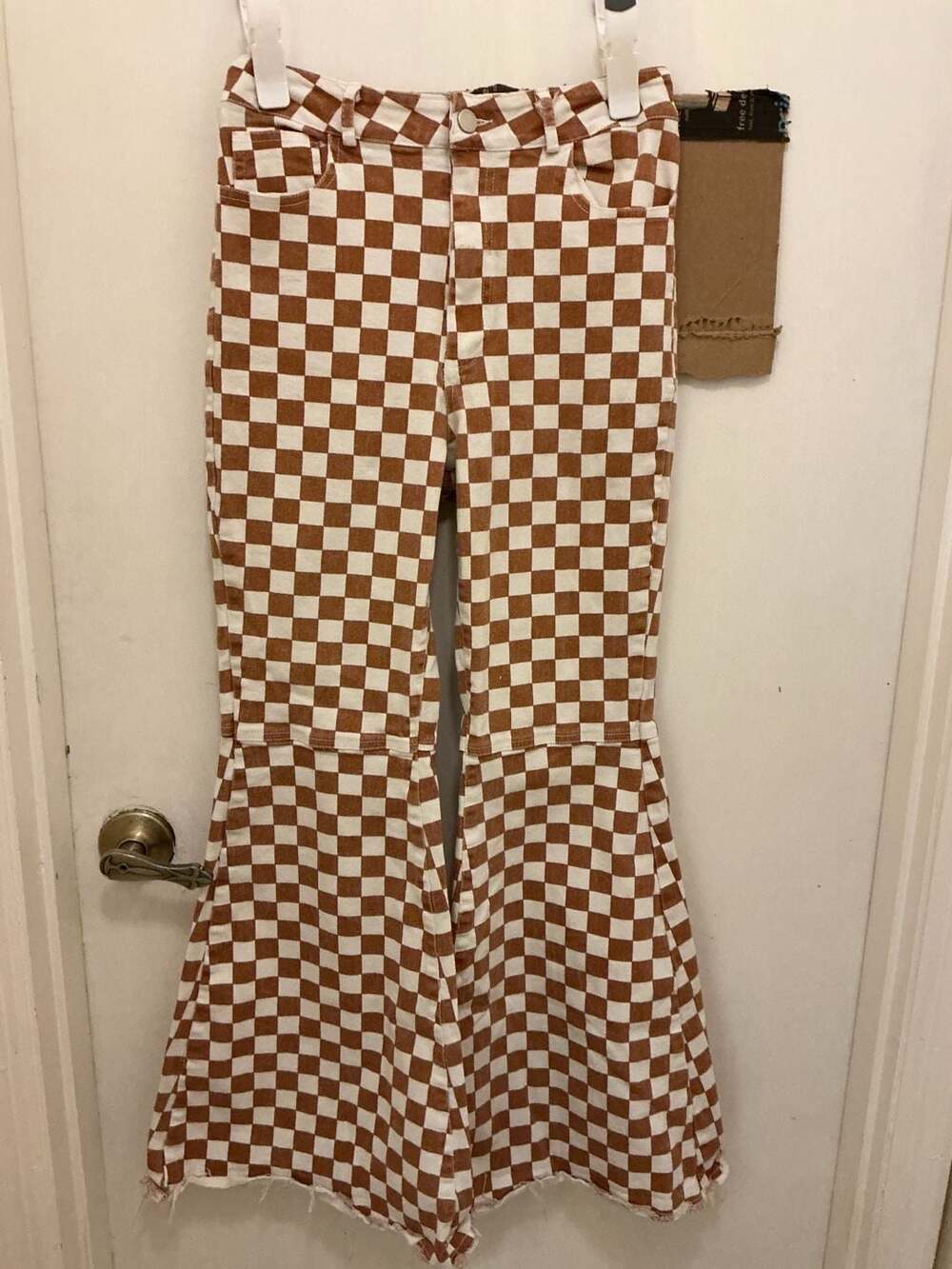 Blue B Collection Size L Brown and White Checkered Flare Pants